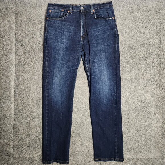 Levis 505 Jeans Men 36x32 Regular Fit Medium Wash Blue Denim‎ Jeans Distressed - Picture 1 of 7